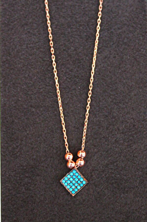 925 Ayar Turkuaz Kare Rose Gümüş Kolye (TGK0138)