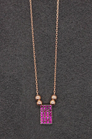 925 Ayar Kırmızı Dörtgen Rose Gümüş Kolye (TGK0142)