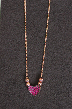 925 Ayar Kırmızı Kalp Rose Gümüş Kolye (TGK0148)