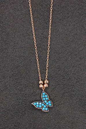 925 Ayar Turkuaz Kelebek Rose Gümüş Kolye (TGK0161)