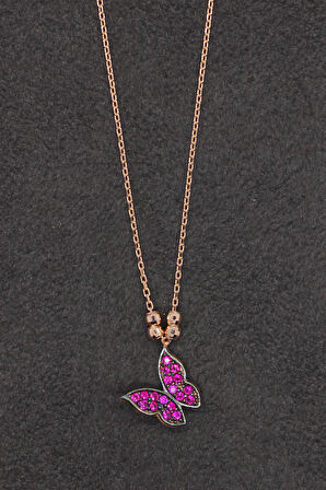 925 Ayar Kırmızı Kelebek Rose Gümüş Kolye (TGK0162)