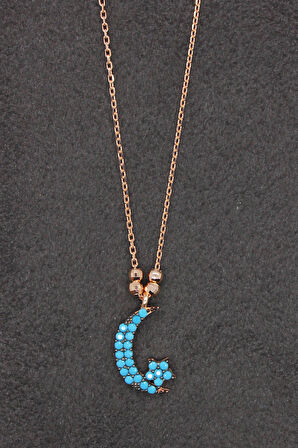 925 Ayar Turkuaz Ayyıldız Rose Gümüş Kolye (TGK0178)