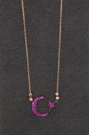 925 Ayar Kırmızı Ayyıldız Rose Gümüş Kolye (TGK0186)