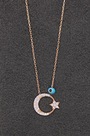 925 Ayar Ay Yıldız Rose Gümüş Kolye (TGK0188)