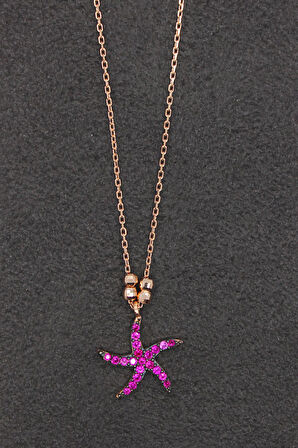 925 Ayar Kırmızı Deniz Yıldızı Rose Gümüş Kolye (TGK0191)