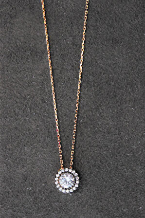 925 Ayar Elmas Modeli Tektaş  Rose Gümüş Kolye (TGK0340)