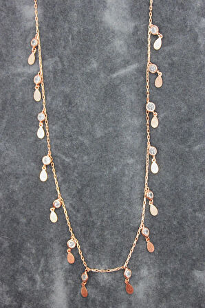 925 Ayar Damla Pullu Taşlı Roz Gümüş Kolye (TGK0394)