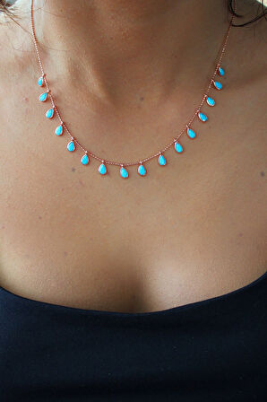 925 Ayar Firuze Damla Sıra Taşlı Roz Gümüş Kolye (TGK0399)