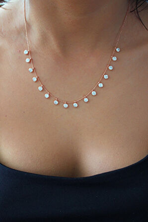 925 Ayar Drop Sıra Taşlı Roz Gümüş Kolye (TGK0400)