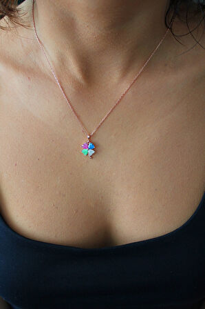 925 Ayar Miks Taşlı Yonca Rose Gümüş Kolye (TGK0403)