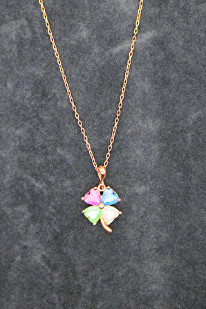 925 Ayar Miks Taşlı Yonca Rose Gümüş Kolye (TGK0403)