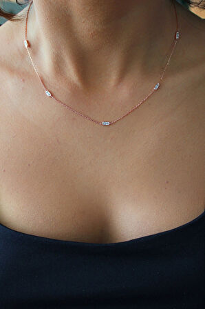 925 Ayar Baget Taşlı Su Yolu Roz Gümüş Kolye (TGK0408)