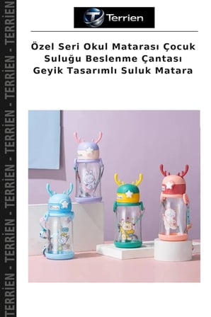 Özel Seri Okul Matarası Çocuk Suluğu Beslenme Çantası Geyik Tasarımlı Suluk Matara