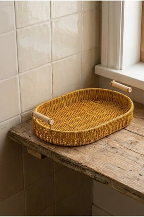 Valera Rattan Dekoratif Sepet Sunum Servis Tepsisi Ahşap Saplı Oval Sepet 33 cm