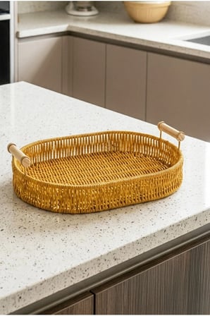 Valera Rattan Dekoratif Sepet Sunum Servis Tepsisi Ahşap Saplı Oval Sepet 28 cm