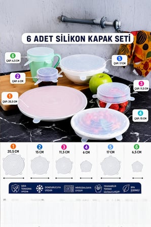 Tıdymat Silikon Tazeliği Koruyan Streç Kapak Seti 6'lı Tekrar Kullanılabilir Gıda Saklama Kapağı/Tabak,Kase Bonesi
