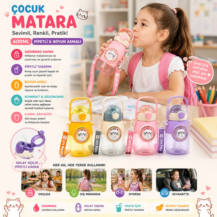 Yakut 14016 Kedi Figürlü Tombul Çocuk Matarası 600 ml - Renkli, Tutmalı, Boyun Askılı, Pipetli Plastik