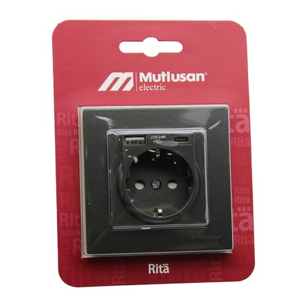 Mutlusan Rita-2220 629 0295 Füme USB + Type-C Topraklı Priz Çerçeveli
