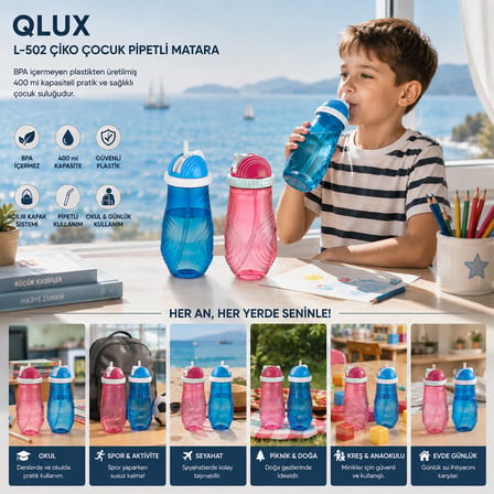 Qlux L-00502 Çiko Çocuk Pipetli Plastik Matara - Renkli