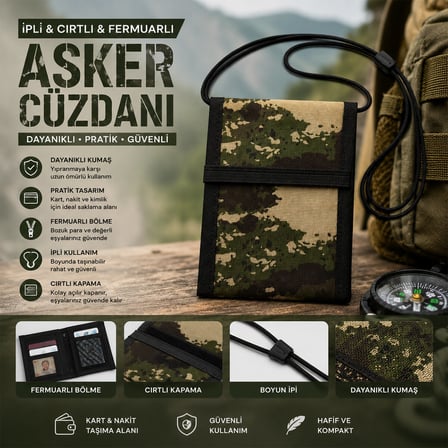MKM 02-90-09 ASK-100 3. Seri İpli Cırtlı Fermuarlı Asker Cüzdanı Kamuflaj Desen