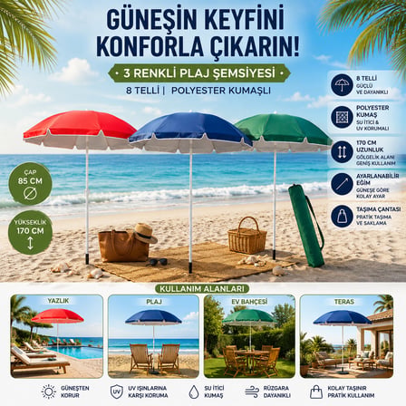Skybelt SKY-122 Plaj Şemsiyesi 170 cm Saplı - 85x85 cm Çap 8 Telli Fiberglass Tek Renk