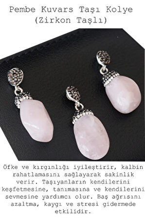 Sertifikalı Zirkon Taşlı Model Pembe Kuvars Taşı Kolye