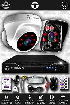 TURKNO 2 Kameralı Karia 1 İç Kamera Set 2 TB HDD Full HD Gece Görüşlü Güvenlik Kamerası Sistemi
