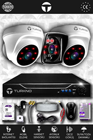 TURKNO 3 Kameralı Karia 2 İç Kamera Set 1 TB HDD Full HD Gece Görüşlü Güvenlik Kamerası Sistemi