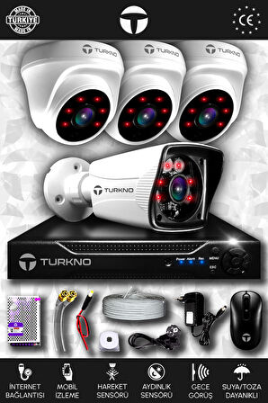 TURKNO 4 Kameralı Karia 3 İç Kamera Set HDD'siz Full HD Gece Görüşlü Güvenlik Kamerası Sistemi