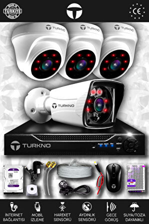TURKNO 4 Kameralı Karia 3 İç Kamera Set 500 GB HDD Full HD Gece Görüşlü Güvenlik Kamerası Sistemi