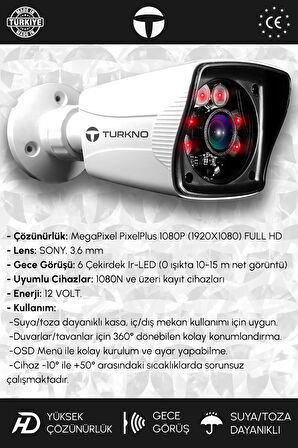 TURKNO 4 Kameralı Karia 2 İç Kamera Set 250 GB HDD Full HD Gece Görüşlü Güvenlik Kamerası Sistemi