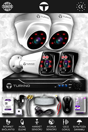 TURKNO 4 Kameralı Karia 2 İç Kamera Set 320 GB HDD Full HD Gece Görüşlü Güvenlik Kamerası Sistemi