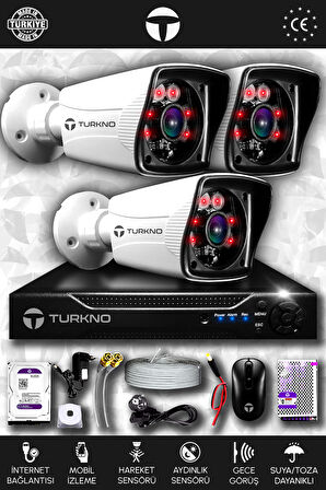 TURKNO 3 Kameralı Karia 3 Dış Kamera Set 500 GB HDD Full HD Gece Görüşlü Güvenlik Kamerası Sistemi