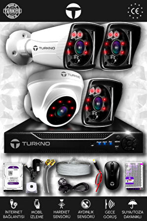 TURKNO 4 Kameralı Karia 1 İç Kamera Set 100 GB HDD Full HD Gece Görüşlü Güvenlik Kamerası Sistemi