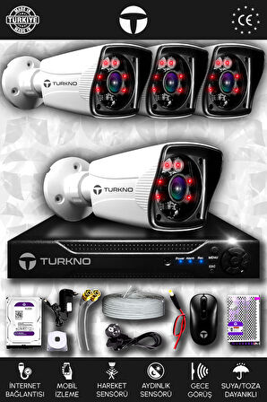 TURKNO 4 Kameralı Karia 4 Dış Kamera Set 320 GB HDD Full HD Gece Görüşlü Güvenlik Kamerası Sistemi