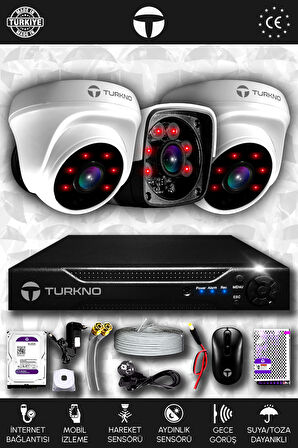 TURKNO 3 Kameralı Pania 2 İç Kamera Set 500 GB HDD Full HD Gece Görüşlü Güvenlik Kamerası Sistemi