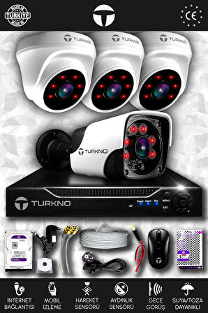 TURKNO 4 Kameralı Pania 3 İç Kamera Set 100 GB HDD Full HD Gece Görüşlü Güvenlik Kamerası Sistemi