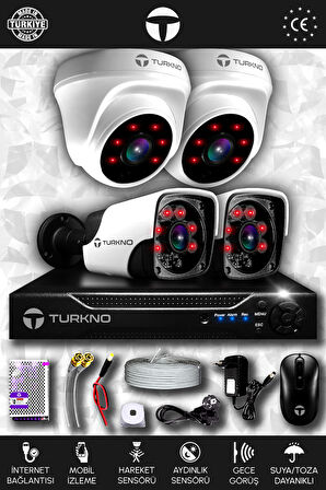 TURKNO 4 Kameralı Pania 2 İç Kamera Set HDD'siz Full HD Gece Görüşlü Güvenlik Kamerası Sistemi