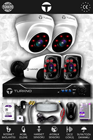 TURKNO 4 Kameralı Pania 2 İç Kamera Set 100 GB HDD Full HD Gece Görüşlü Güvenlik Kamerası Sistemi
