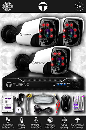 TURKNO 3 Kameralı Pania 3 Dış Kamera Set 100 GB HDD Full HD Gece Görüşlü Güvenlik Kamerası Sistemi