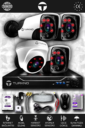 TURKNO 4 Kameralı Pania 1 İç Kamera Set 100 GB HDD Full HD Gece Görüşlü Güvenlik Kamerası Sistemi