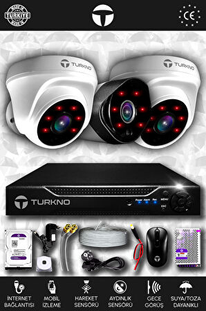 TURKNO 3 Kameralı Galia 2 İç Kamera Set 1 TB HDD Full HD Gece Görüşlü Güvenlik Kamerası Sistemi