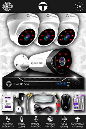 TURKNO 4 Kameralı Galia 3 İç Kamera Set 100 GB HDD Full HD Gece Görüşlü Güvenlik Kamerası Sistemi