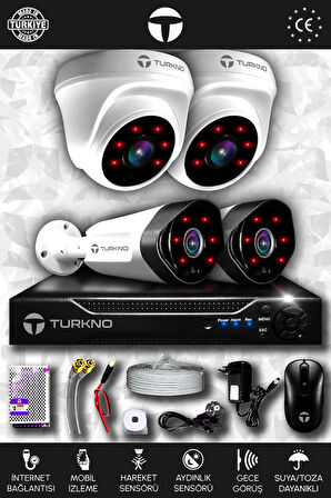 TURKNO 4 Kameralı Galia 2 İç Kamera Set HDD'siz Full HD Gece Görüşlü Güvenlik Kamerası Sistemi