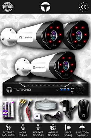 TURKNO 3 Kameralı Galia 3 Dış Kamera Set HDD'siz Full HD Gece Görüşlü Güvenlik Kamerası Sistemi