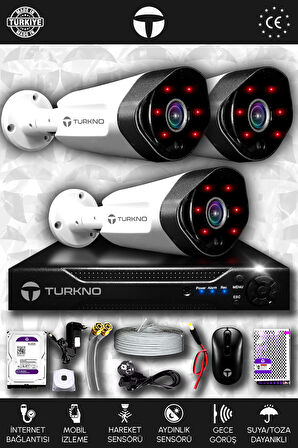 TURKNO 3 Kameralı Galia 3 Dış Kamera Set 100 GB HDD Full HD Gece Görüşlü Güvenlik Kamerası Sistemi