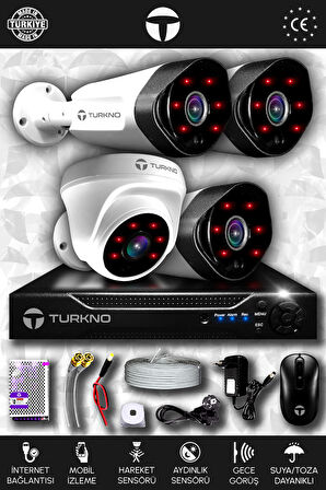 TURKNO 4 Kameralı Galia 1 İç Kamera Set HDD'siz Full HD Gece Görüşlü Güvenlik Kamerası Sistemi
