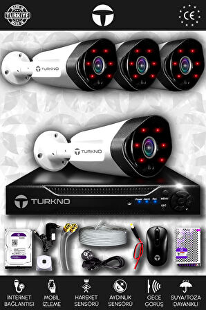 TURKNO 4 Kameralı Galia 4 Dış Kamera Set 1 TB HDD Full HD Gece Görüşlü Güvenlik Kamerası Sistemi