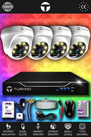 TURKNO 4 Kameralı Domie 4 İç Kamera Set 2 TB HDD Full HD Renkli Gece Görüşlü Güvenlik Kamerası Sistemi