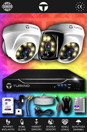 TURKNO 3 Kameralı Karie 2 İç Kamera Set 1 TB HDD Full HD Renkli Gece Görüşlü Güvenlik Kamerası Sistemi
